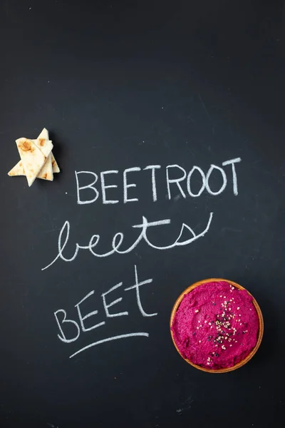 Top View Colorful Beetroot Hummus Pita Black Background Word Betteroot — Stock Photo, Image