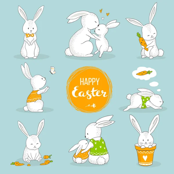 可愛いウサギさんセット イースターグリーティングカード手描きイラスト — ストックベクタ