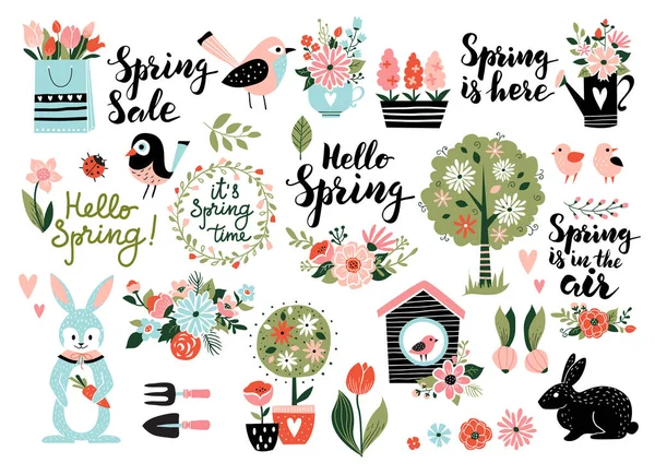 Conjunto Primavera Elementos Desenhados Mão Caligrafia Flores Pássaros Grinaldas Outros — Vetor de Stock