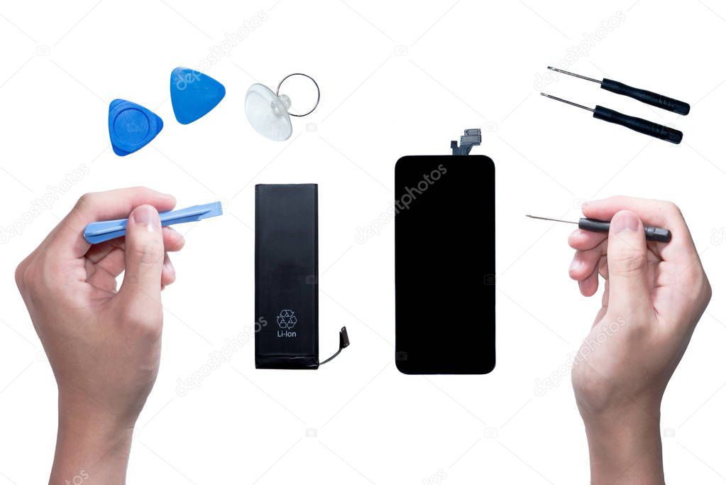 The smartphone was damages and need to repair  which tools smartphone that stand isolated on white background by hands of repairman.