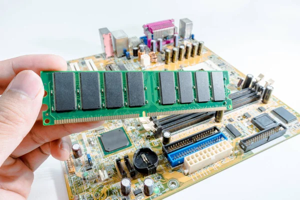 Close up van elektronische Ram(random access memory) op moederbord computer — Stockfoto