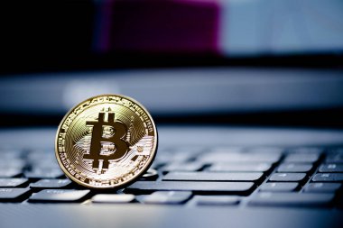 Altın Bitcoin para üstünde bilgisayar.