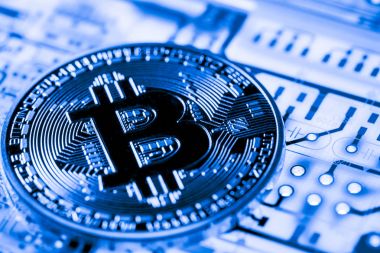 Abstract, Golden Bitcoin para üstünde bilgisayar.