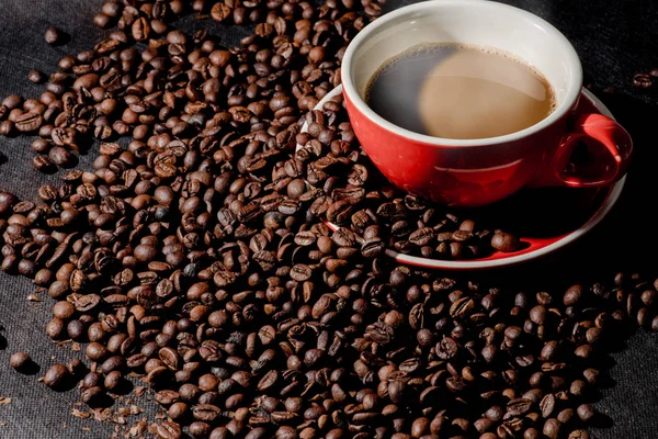 Sıcak kahve kırmızı Kupası ve kahve çekirdekleri arka plan vardır.
