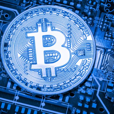 Abstract, Golden Bitcoin para üstünde bilgisayar.