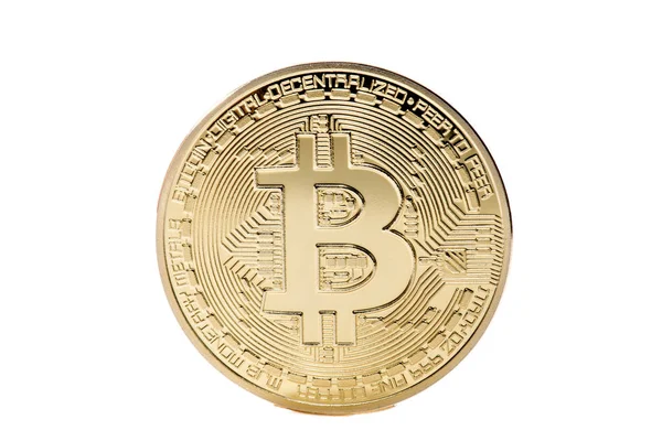 Altın Bitcoin para bilgisayarda. (beyaz arka plan üzerinde izole)