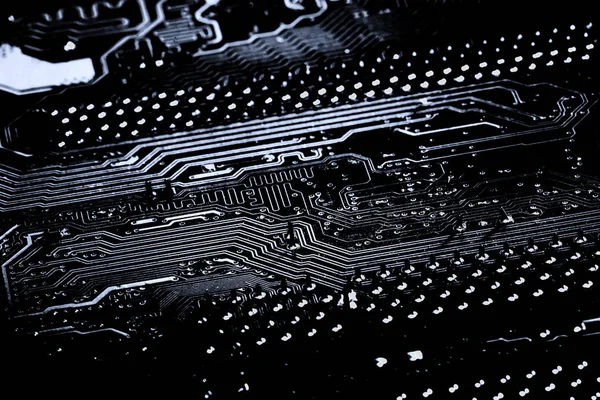 Abstrakte, Nahaufnahme elektronischer Schaltungen im Hintergrund der Mainboard-Computertechnologie. (Logikboard, CPU-Motherboard, Hauptplatine, Systemplatine, Mobo) — Stockfoto