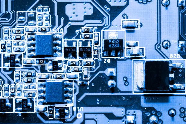 Abstract, Primo piano di circuiti elettronici su Mainboard computer Technology background. (scheda logica, scheda madre cpu, scheda principale, scheda di sistema, mobo ) — Foto Stock