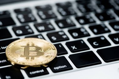 Altın Bitcoin para üstünde bilgisayar.