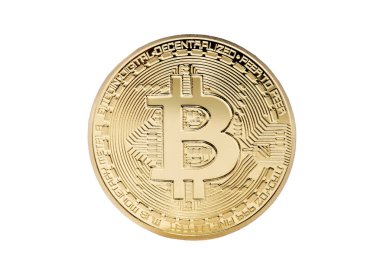 Altın Bitcoin para bilgisayarda. (beyaz arka plan üzerinde izole)