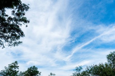 Açık mavi gökyüzü arkaplanı, arka planda bulutlar.