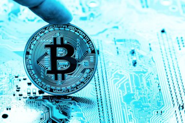 Abstract, Golden Bitcoin para üstünde bilgisayar.