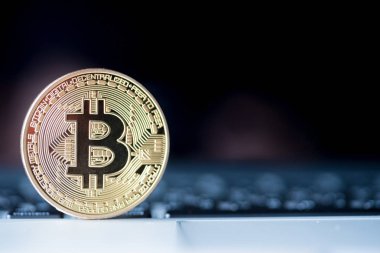Altın Bitcoin para üstünde bilgisayar.
