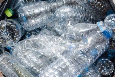 Siyah çöp torbalarındaki plastik şişeler geri dönüşüm için alınmayı bekliyor..