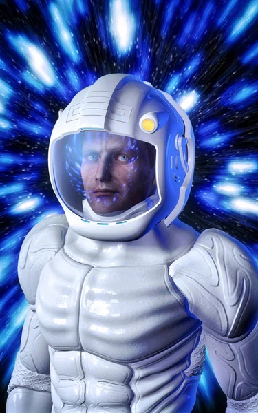 Футуристичний космонавт у білому космічному костюмі — стокове фото