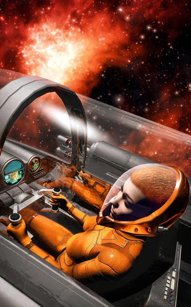 Space pilot kvinna inne rymdskepp cockpit — Stockfoto