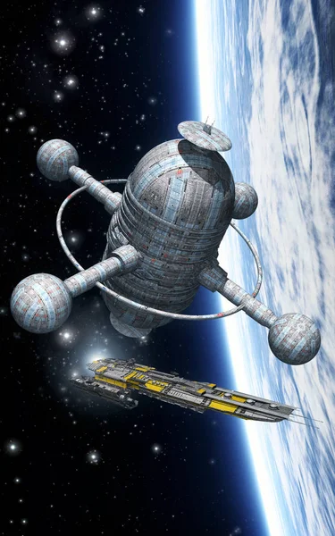 Raumschiff und Raumstation mit Planet — Stockfoto