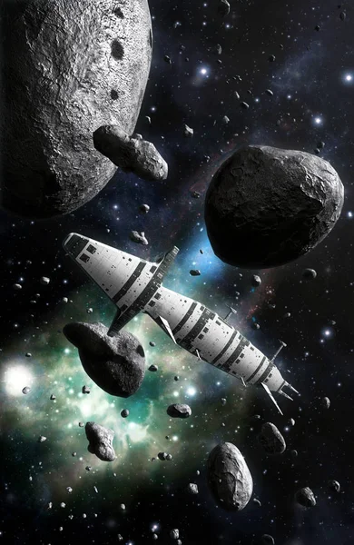 Nave spaziale e campo di asteroidi — Foto Stock