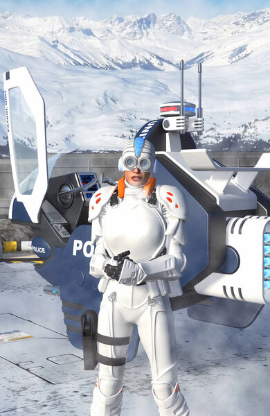 Futuristic police woman in winter