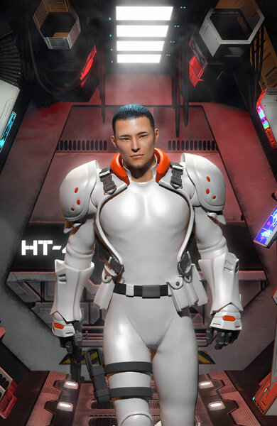 Futuristic soldier in white uniform