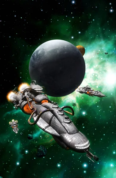 Raumschiffflotte und Mond — Stockfoto