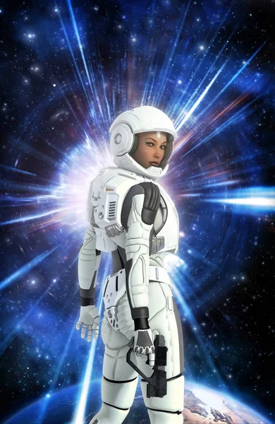 Futuristisches Astronautenmädchen im Raumanzug und auf dem Planeten Stockbild