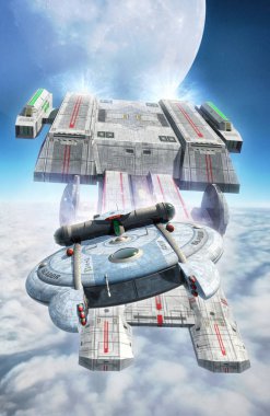spaceships chase in cloudy sky  clipart