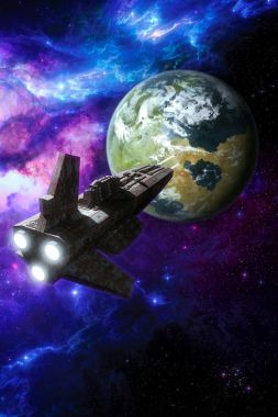 Uzay gemisi saldırı bir gezegen 3d render bilim kurgu illüstrasyon