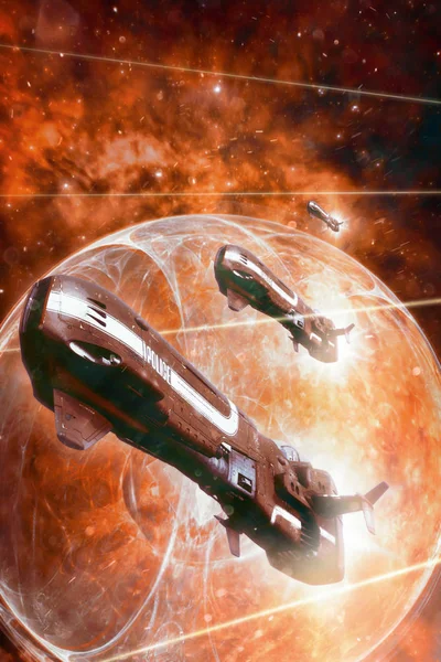 宇宙船警察戦闘機攻撃 レンダリング空想科学小説イラスト — ストック写真