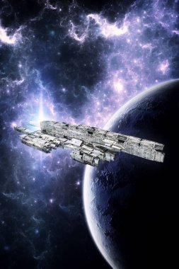 Uzay gemisi yıldız kümesi ve gezegen 3d render bilim kurgu illüstrasyon