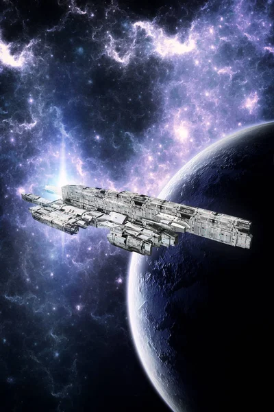 Raumschiff Sternenhaufen Und Planet Machen Science Fiction Illustration — Stockfoto