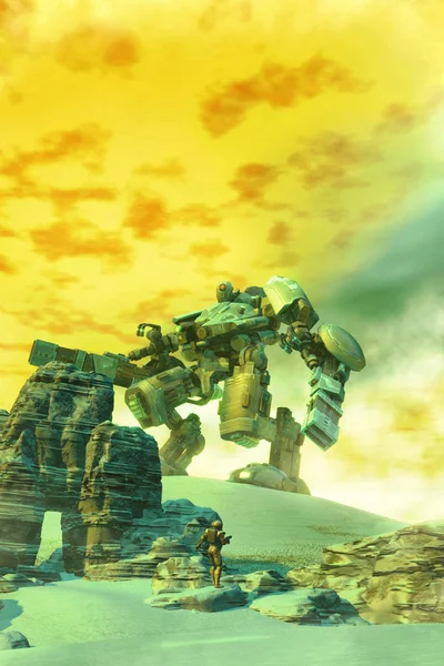 巨型机器人与士兵3D 渲染科幻小说插图 — 图库照片