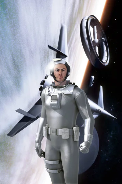 Űrhajós Űrhajó Űrállomás Retro Render Sci Illusztráció — Stock Fotó