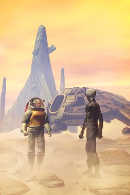 astronot ve yabancı bir çöl gezegeni 3d render bilim kurgu örnek üzerinde