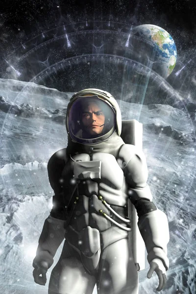 Atstronaut 在月球和外星人界面3D 科幻插图 — 图库照片