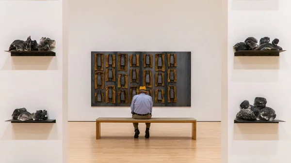 San Francisco Modern Sanatlar Müzesi 'nde bir sanat eserini inceleyen adam.