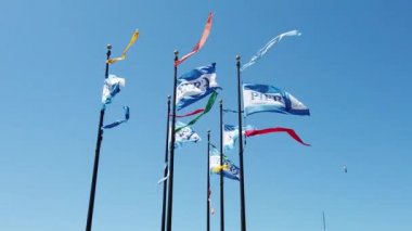 San Francisco, Usa - Ağustos 2019: Rüzgarlı bir yaz gününde balıkçı iskelesinde 39 bayrak