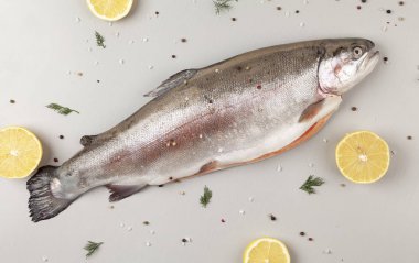 Gökkuşağı alabalığı, bitkiler ve baharatlarla pişirmeye hazır. Taze gökkuşağı alabalığı, tuzlu, biberli ve limonlu. Lezzetli balık öğle yemeği için hazırlanıyor..  