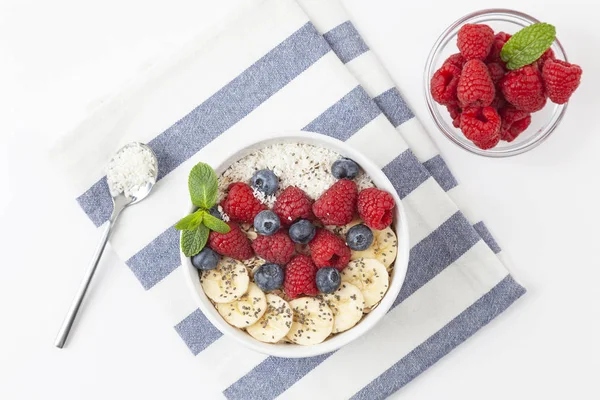 Breakfast Smoothie Granola Fresh Raspberries Blueberries Bananas Coconut Flakes Chia — Stock Photo, Image