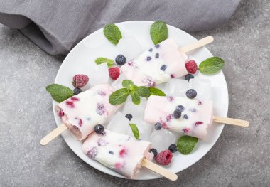 Sağlıklı karışık meyveli yoğurt, ahududu, yaban mersini ve nane. Bir grup ev yapımı meyveli yoğurt.. 