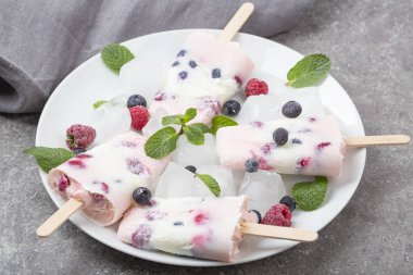 Sağlıklı karışık meyveli yoğurt, ahududu, yaban mersini ve nane. Bir grup ev yapımı meyveli yoğurt.. 