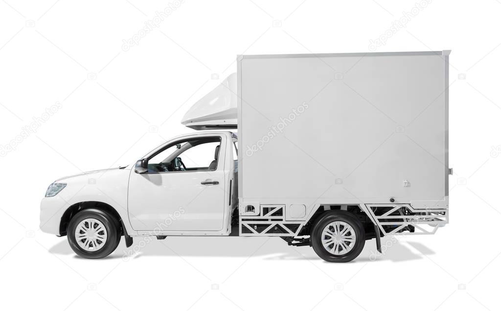 White delivery truck with blank sides ready for custom text or logos isolated on white background with clipping path