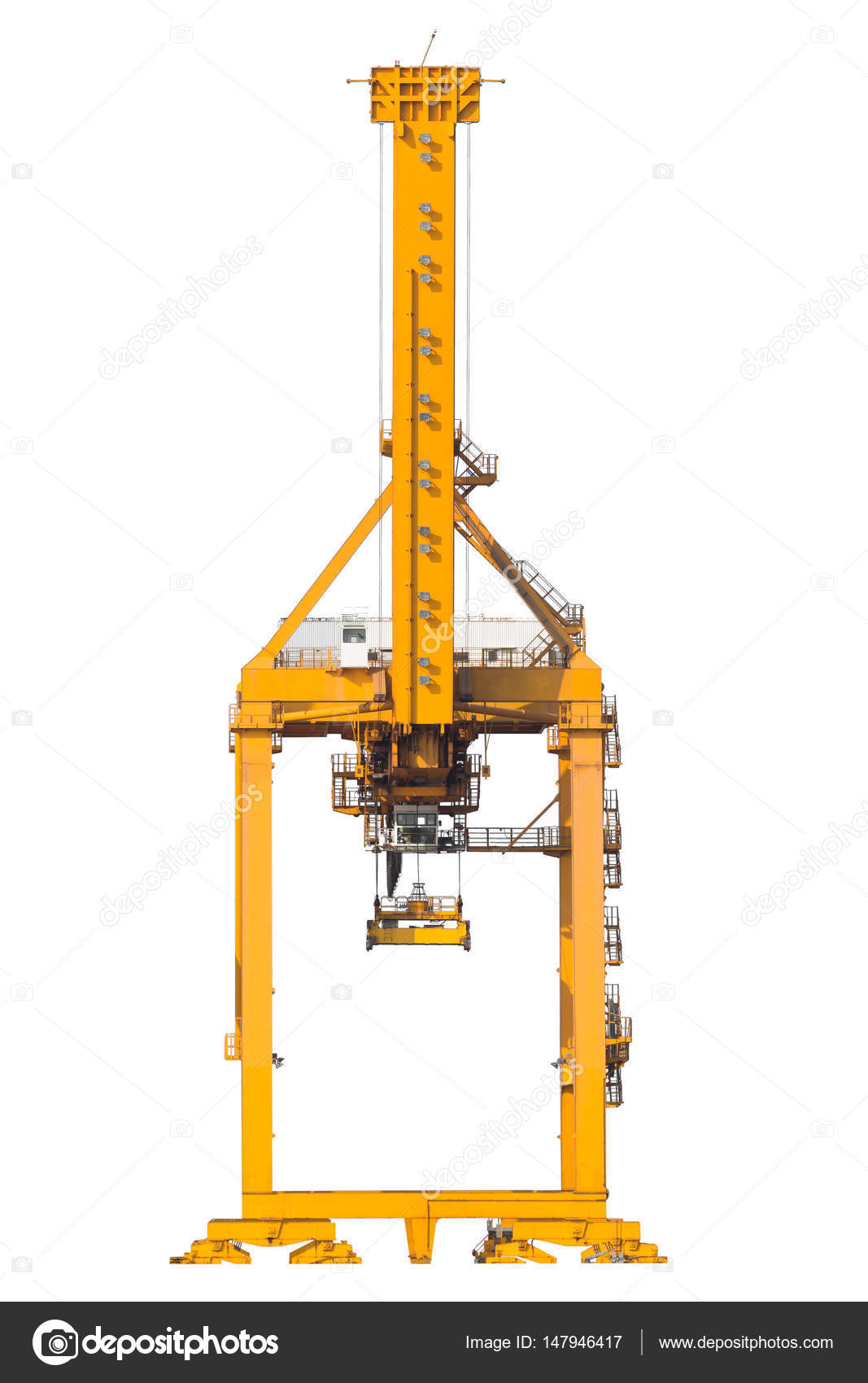 Yellow harbor cranes in shipyard isolate on white background Stock