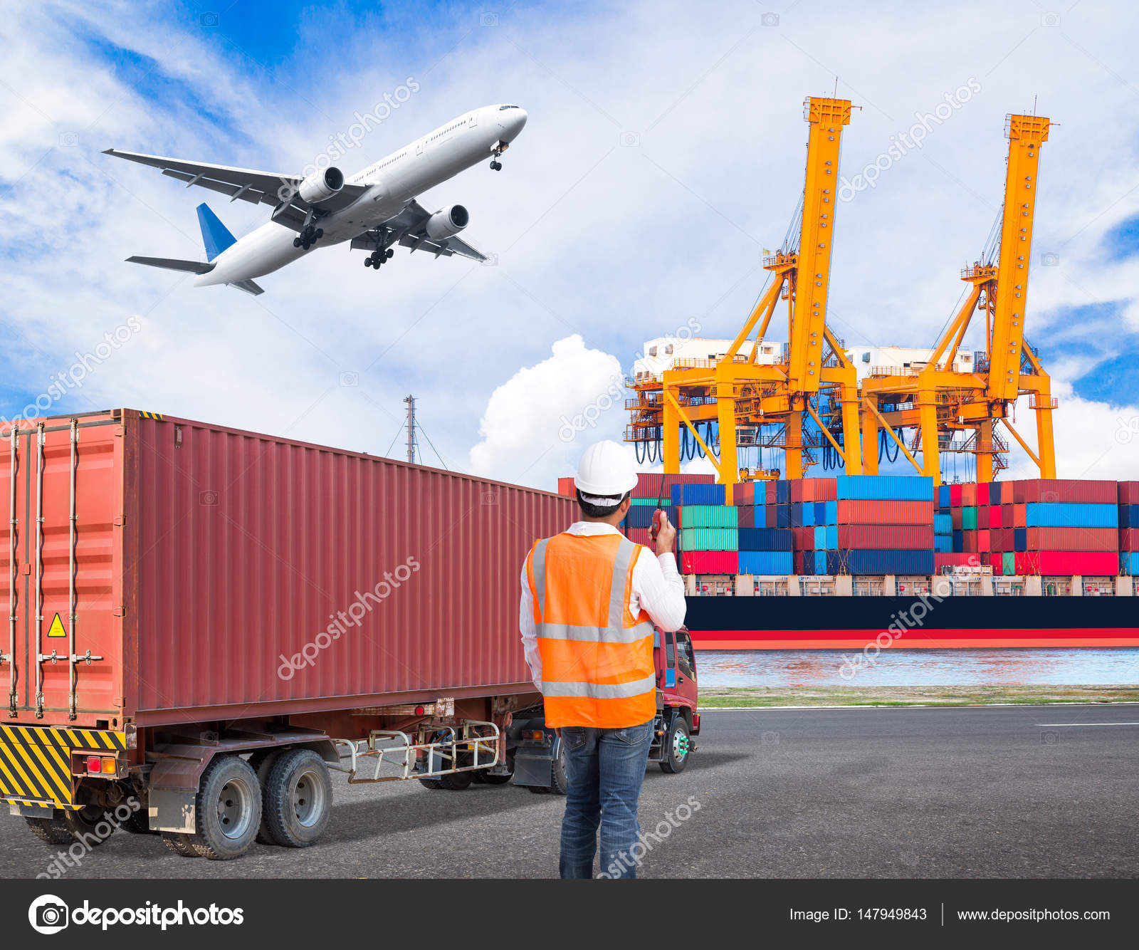 Dock worker controlling loading container in an industrial harbor