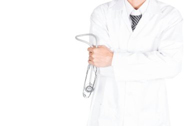 Doktor stetoskop ve ellerini önünde izole kırpma yolu ile beyaz arka plan üzerinde çarpı işareti