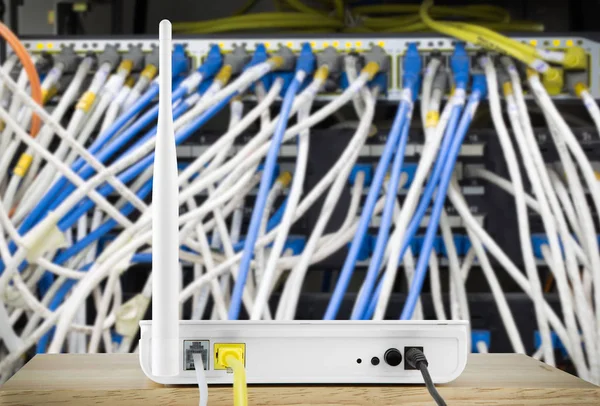 Wireless modem router with cable connecting on LAN — Stock Photo, Image