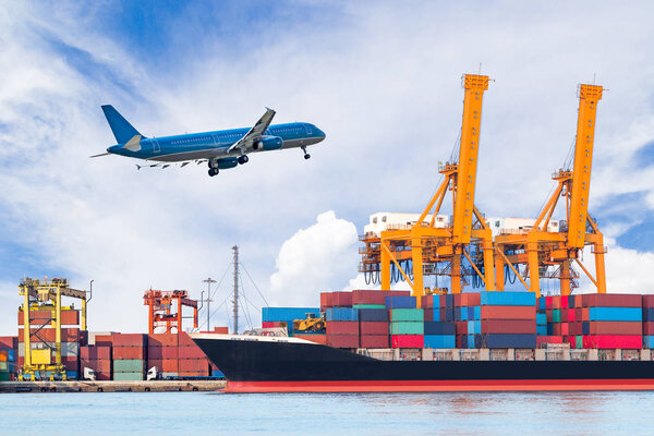 Container cargo freight ship with working crane loading bridge in shipyard for logistic Import export background