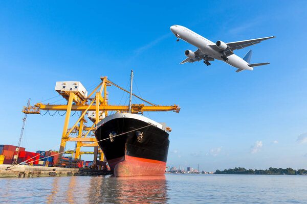 Container cargo freight ship with cargo plane