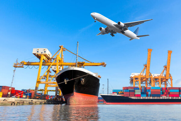 Container cargo freight ship with cargo plane