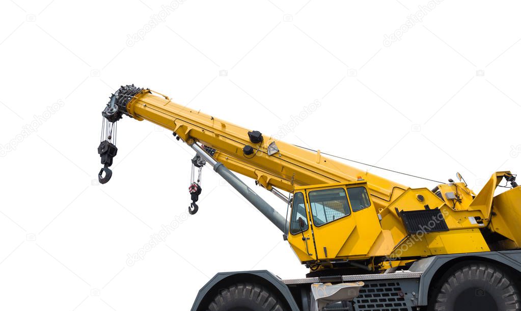 Yellow crane boom with hooks isolated on a white background with clipping paths